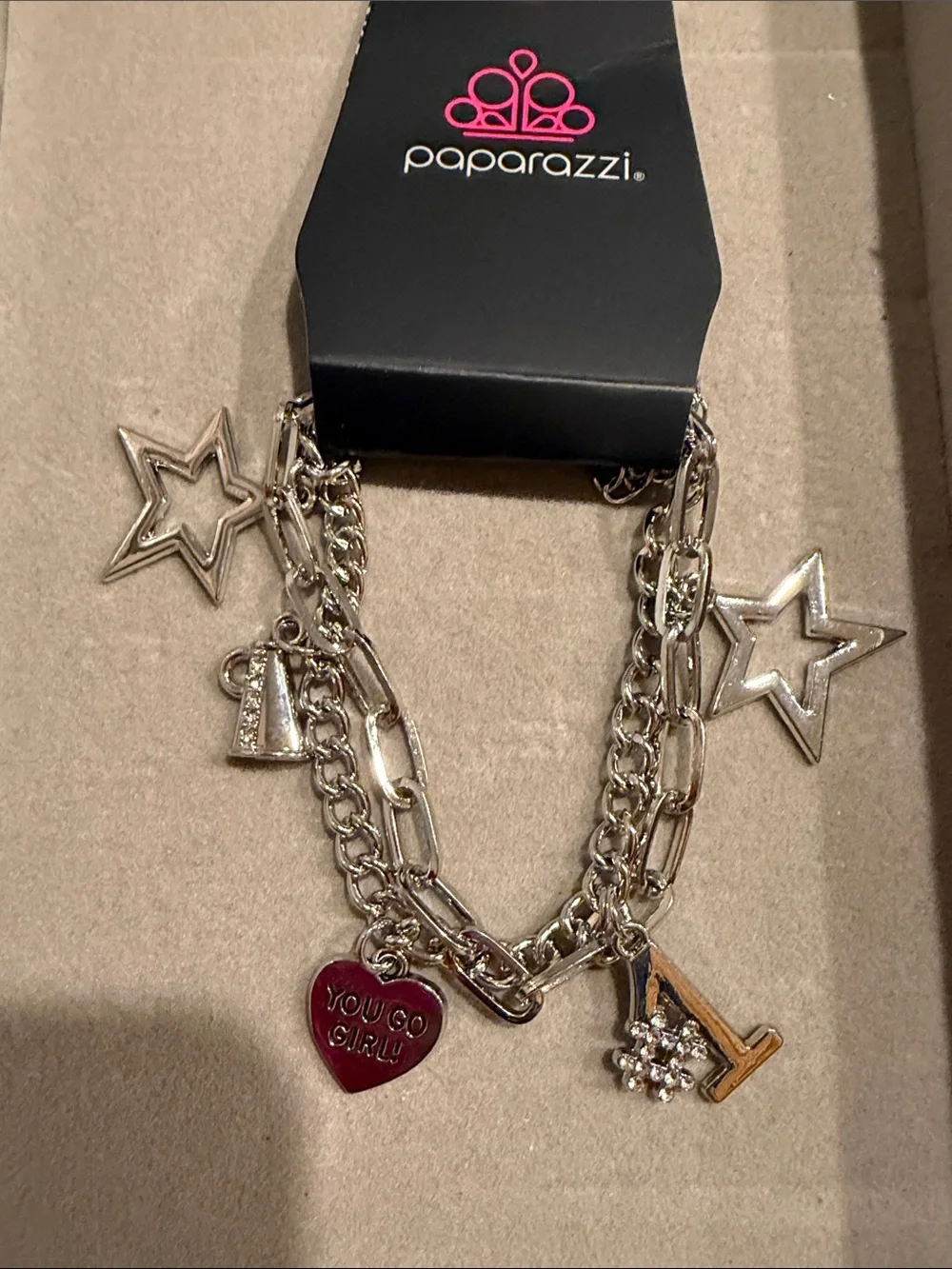 paparazzi Silver-Tone Charm Bracelet with Pink Heart & Stars